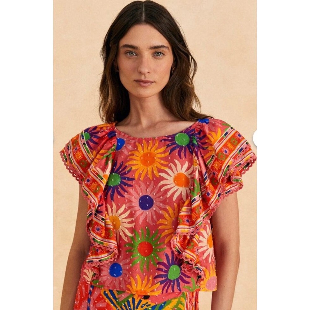 Farm Rio Summer Sun Coral Blouse Womens Large Pink Multi NWT Ruffle Tropical
